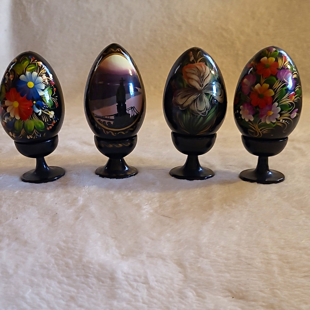Vintage Hand Painted Lacquer Wooden Eggs Set of 4 Russian Slavic Folk Art Decor